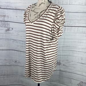 Green Envelope Shirt Womens 1X Striped Short Puff Sleeves Stretch V Neckline NEW